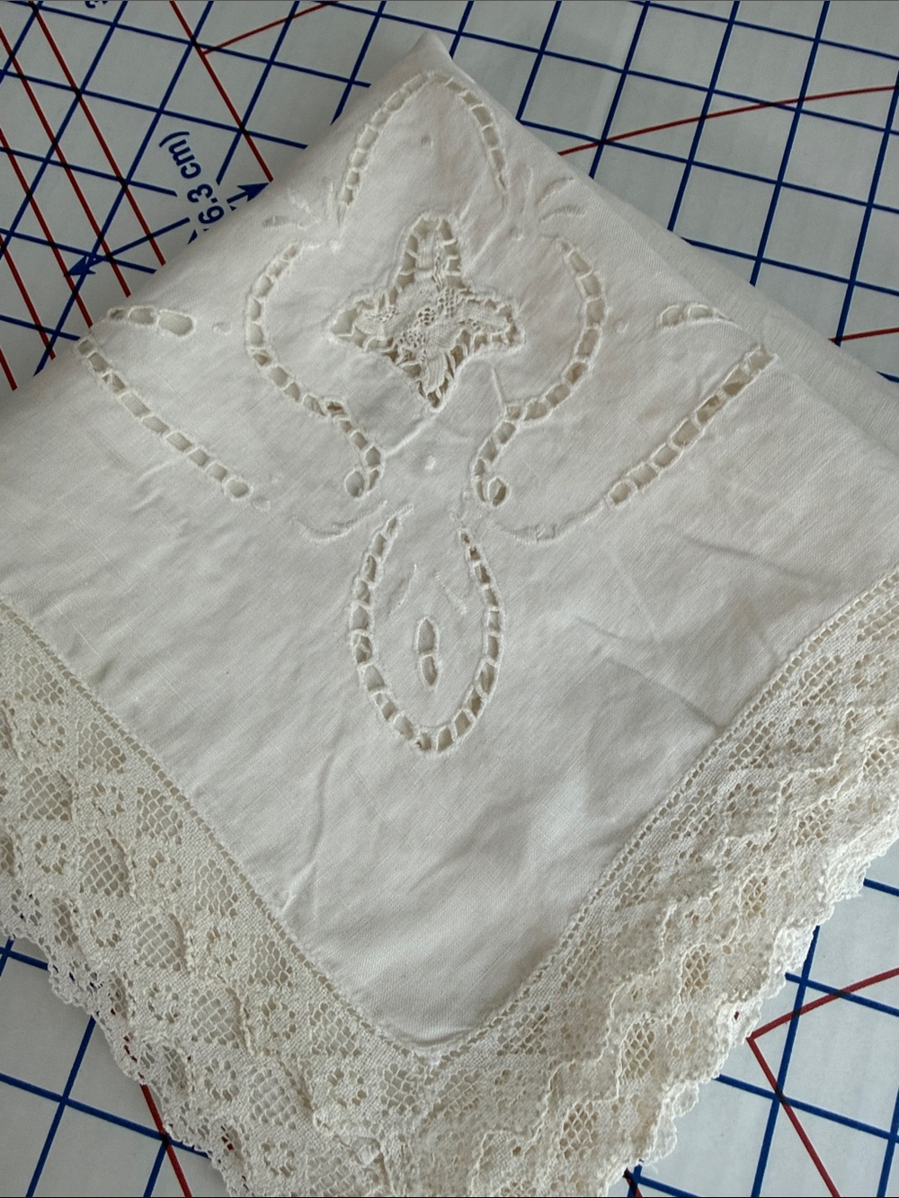 Antique White Linen Lace Table Topper 33 x 31 Drawn Thread Cutwork Embroidery